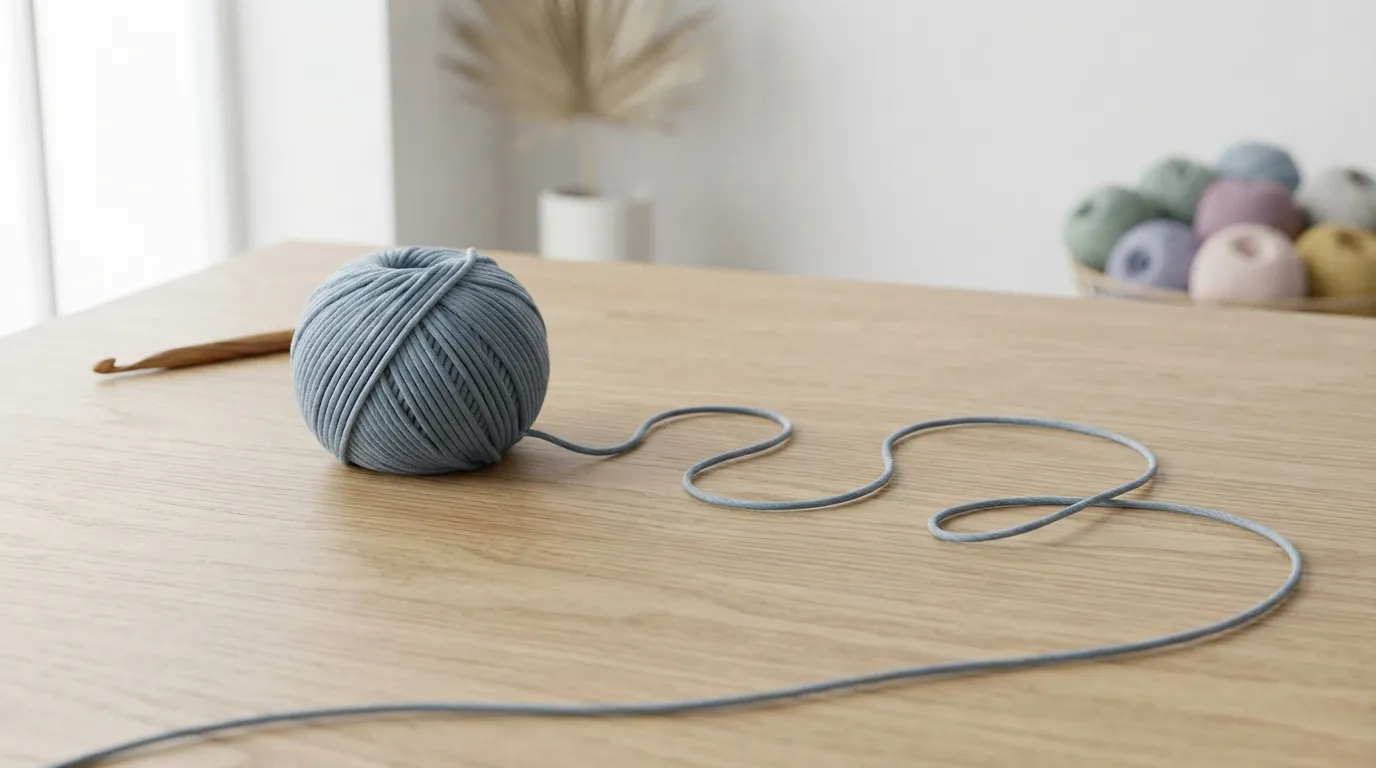 A corner of the HuYau studio with crochet pieces and yarn